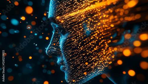 Leuchtendes Gehirn in digitaler Umgebung mit dynamischen Lichtpunkten

