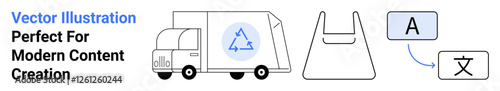 Recycling truck with eco symbol, plastic shopping bag, and language translation symbols. Ideal for sustainability, waste management, multilingual support, eco-conscious topics, education, tech