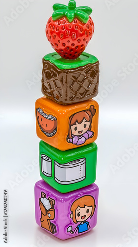 Stacked colorful blocks with fruit, girl, and household item images;  early childhood development toy; white background photo