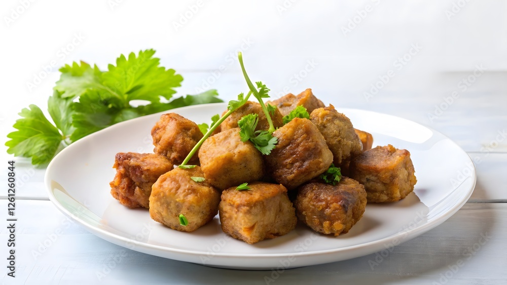 Fried Tempeh Cubes with Cilantro Garnish Fried Tempeh Cubes with Cilantro Garnish