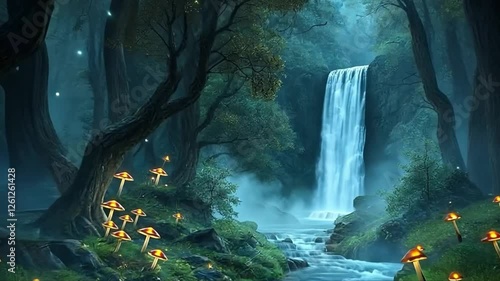 flying over river through enchanted forest with glowing mushrooms to mystical waterfall, fantasy fairy tale landscape with magical atmosphere, perfect for backgrounds, storytelling