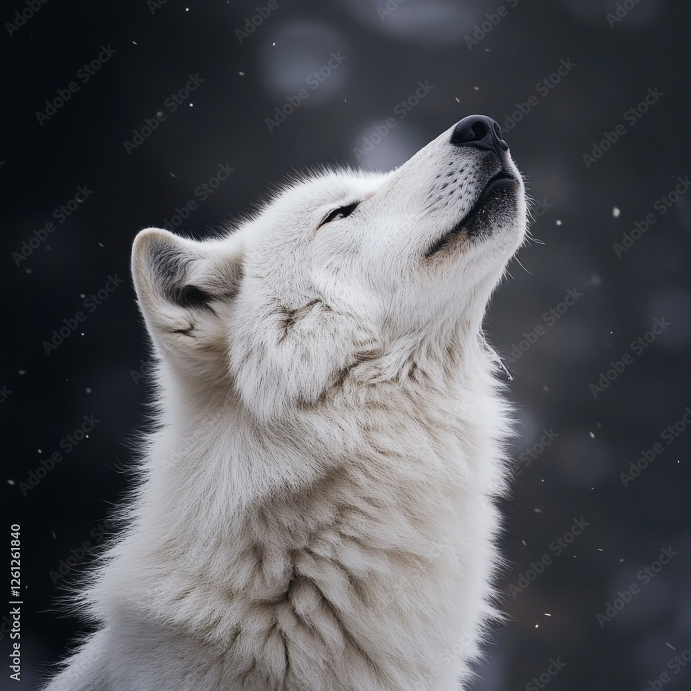 Obraz premium A portrait of a beautiful white wolf on a black background with space for text.