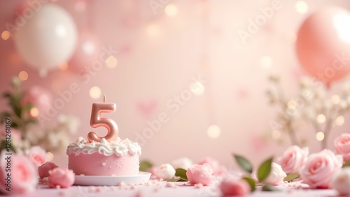 Celebration of a 5th birthday with a beautiful cake surrounded by pink decorations and flowers