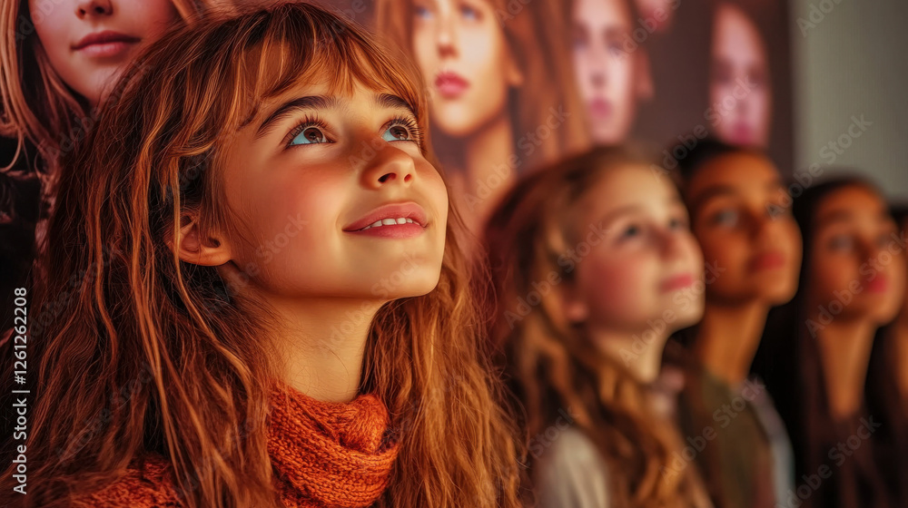 Fototapeta premium Dreamy cinematic scene of girls admiring portraits of historical women for Women’s History Month