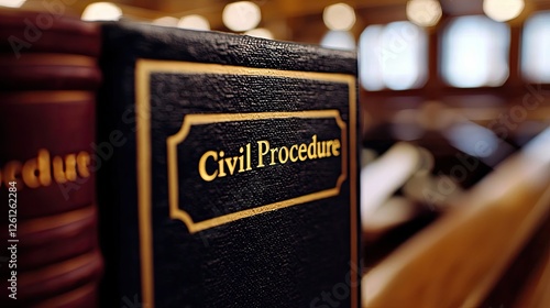 Book on civil procedure displayed in a courtroom setting with wooden furnishings and warm lighting