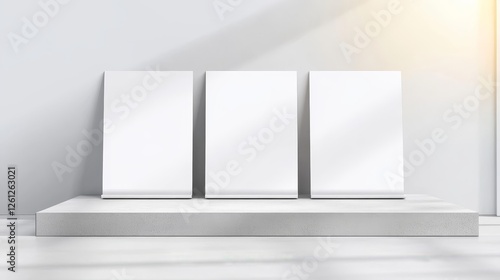 Wallpaper Mural Blank White Posters on Display - Three blank white posters stand on a minimalist grey platform against a white wall, bathed in soft sunlight. Ideal for mockup designs Torontodigital.ca