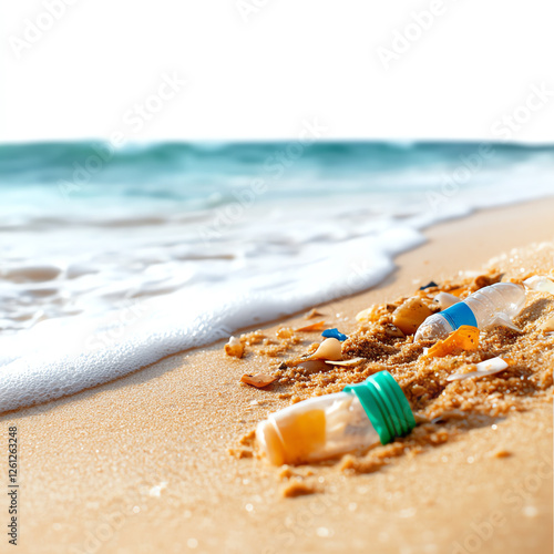 A serene beach scene featuring plastic bottles washed ashore, highlighting the impact of pollution on nature photo