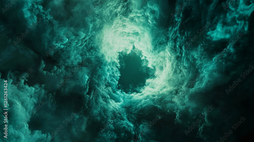 Radiant green mist spirals into infinite abstract shapes against a deep black void Radiant green mist spirals into infinite abstract shapes against a deep black void
