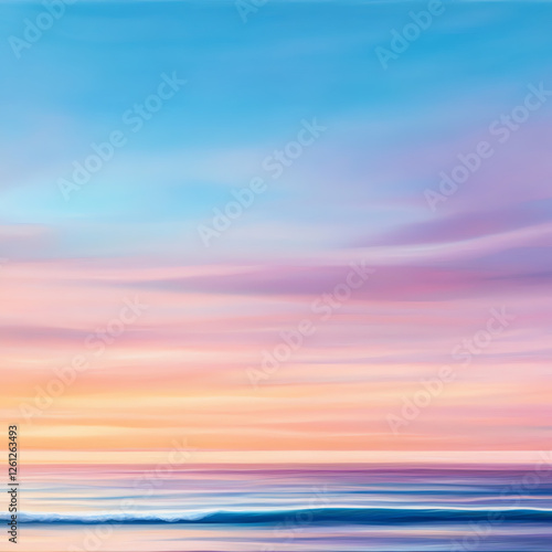 A serene landscape featuring a tranquil ocean at sunset, with soft pastel colors of pink and blue blending beautifully in the sky, creating a calming and peaceful atmosphere. photo