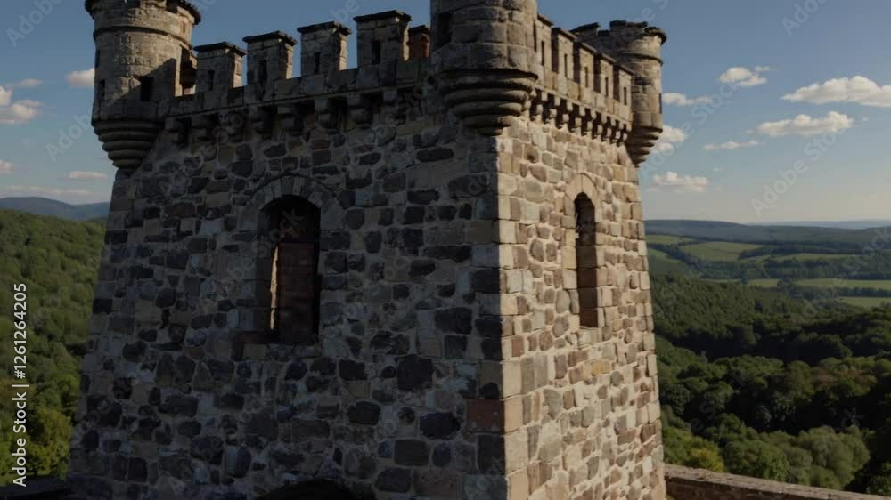 Slow Motion Shot of a Historic Stone Fortress Perched Atop a Lush Green Hill – Majestic Medieval Architecture, Towering Castle Walls, Serene Scenic Landscape, Rich Cultural Heritage, Rolling Hills Slow Motion Shot of a Historic Stone Fortress Perched Atop a Lush Green Hill – Majestic Medieval Architecture, Towering Castle Walls, Serene Scenic Landscape, Rich Cultural Heritage, Rolling Hills