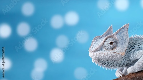 Blue Chameleon Closeup on Branch - Close-up of a pale blue chameleon perched on a branch, symbolizing adaptation, camouflage, patience, resilience, and transformation photo