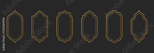 Arabic golden frames decoration isolated. Luxury islamic arch windows oriental shapes in retro style.