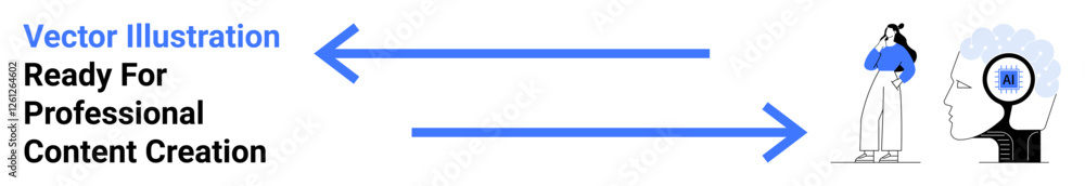 Woman in thoughtful pose with abstract blue arrows pointing to a brain concept. Ideal for creativity, brainstorming, innovation, education, psychology, inspiration, flat landing page banner Woman in thoughtful pose with abstract blue arrows pointing to a brain concept. Ideal for creativity, brainstorming, innovation, education, psychology, inspiration, flat landing page banner