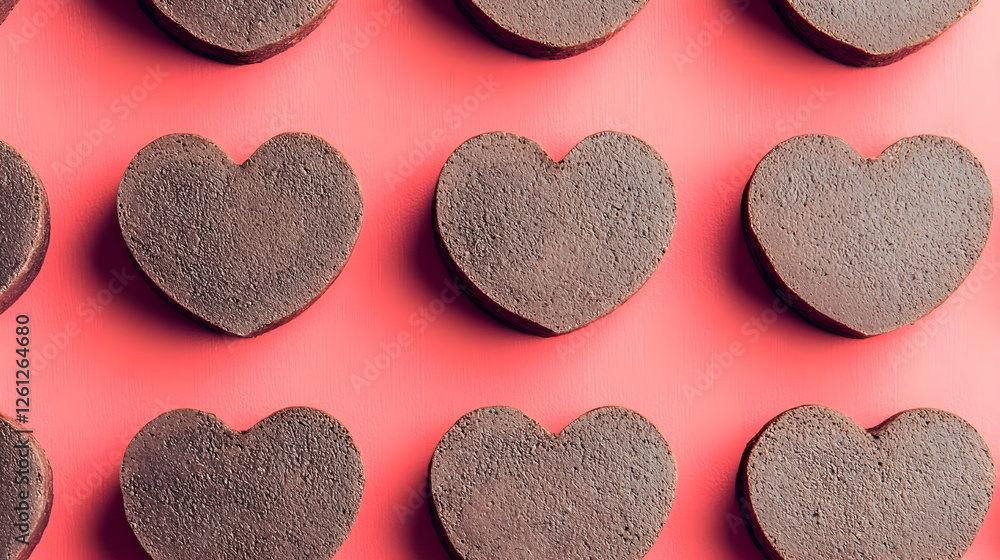 Obraz premium Heart-shaped chocolate candies arranged on a pink background; Valentine's Day treat; romantic food photography; perfect for blogs, websites, and social media