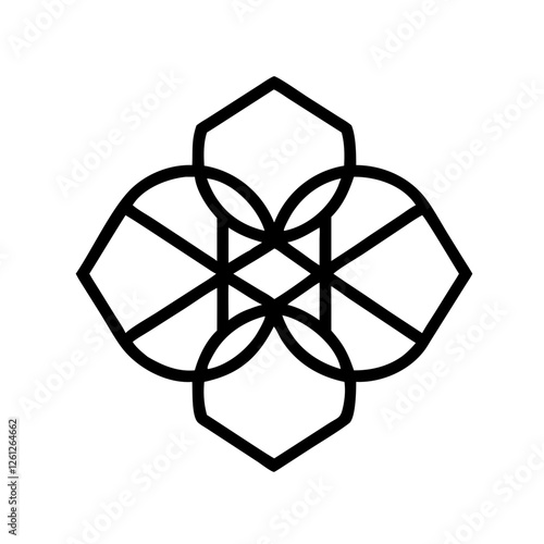 Sacred geometry icon illustration in black outline, intricate design