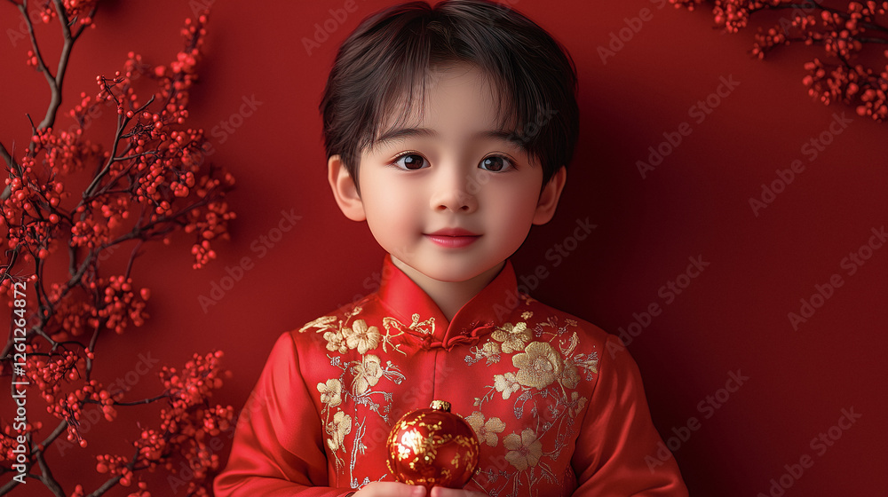 A young child in a vibrant red traditional outfit poses against a matching backdrop, surrounded by decorative red flowers, embodying cultural celebration and joy. A young child in a vibrant red traditional outfit poses against a matching backdrop, surrounded by decorative red flowers, embodying cultural celebration and joy.