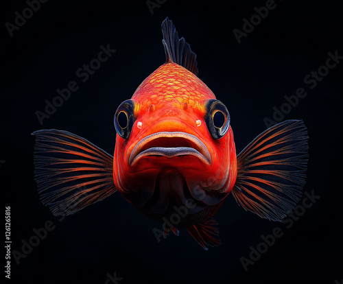 Leuchtender Fisch mit farbenprächtigen Flossen im dunklen Wasser

 photo