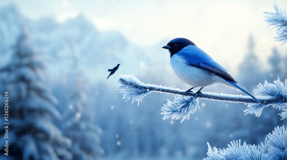 Fototapeta premium Bluebird on Frosty Branch in Winter - A vibrant bluebird perched on a snow-covered branch in a winter wonderland. A smaller bird is seen in the distance