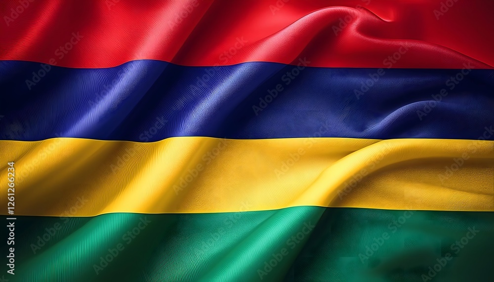 Vibrant Mauritius flag waving with luxurious satin texture - Patriotic and cultural symbol Vibrant Mauritius flag waving with luxurious satin texture - Patriotic and cultural symbol