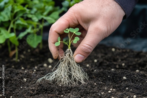 A hand gently lifts a young sprout with visible roots from dark soil, illustrating the growth journey of a plant in an outdoor garden environment photo