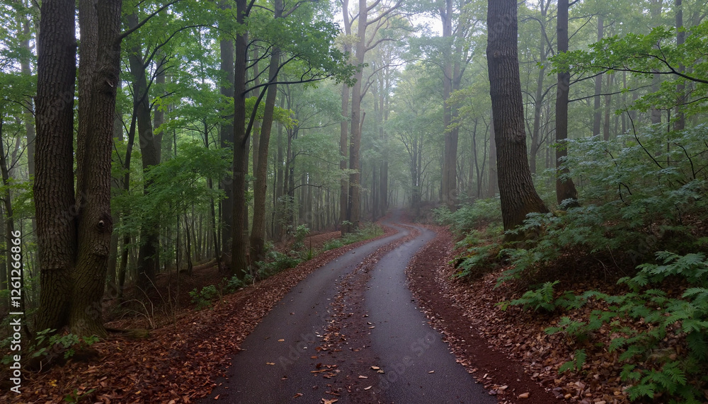 Obraz premium Winding road through misty forest