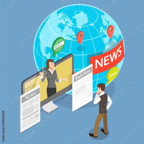 3D Isometric Flat Vector Illustration of Mass Media News, Broadcasting and Journalism