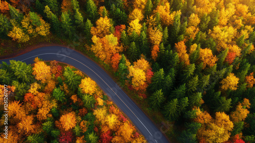 A stunning aerial view of a winding road surrounded by vibrant autumn foliage, showcasing a blend of green and colorful leaves. Nature's beauty in full display during fall. photo