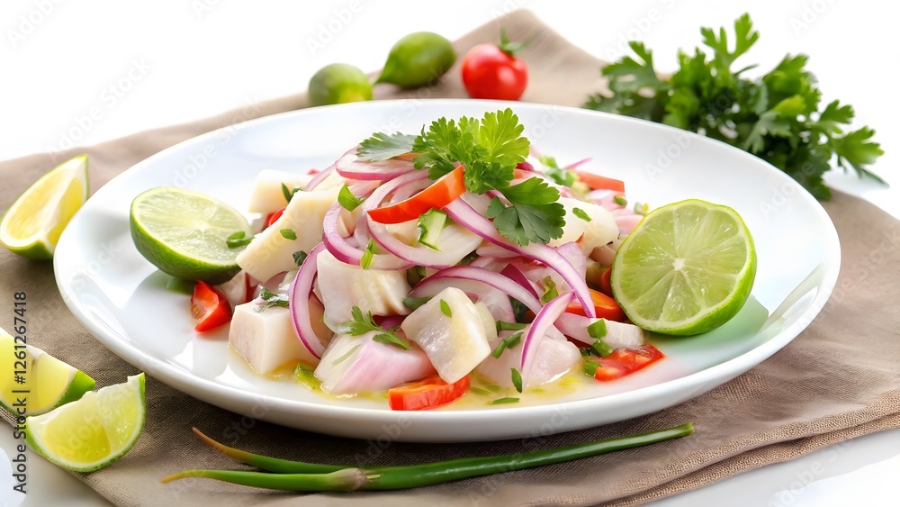 Peruvian Ceviche on a White Plate Peruvian Ceviche on a White Plate