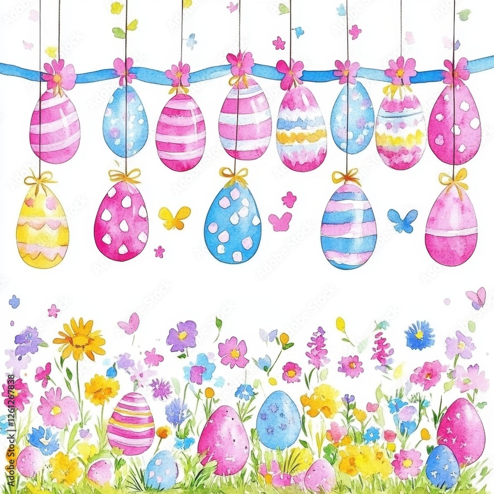 Naklejka premium Festive Watercolor Easter Eggs and Flowers Design