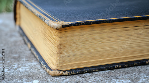 Libro antiguo de tapa dura con bordes desgastados y páginas envejecidas photo