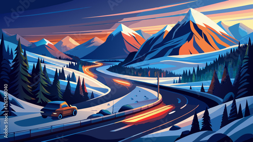 Winter dawn long exposure of winding dolomite road with car light trails and snowy mountains