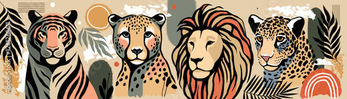 Photography Hand-drawn Abstract Wild Cats Illustration with Jungle Elements