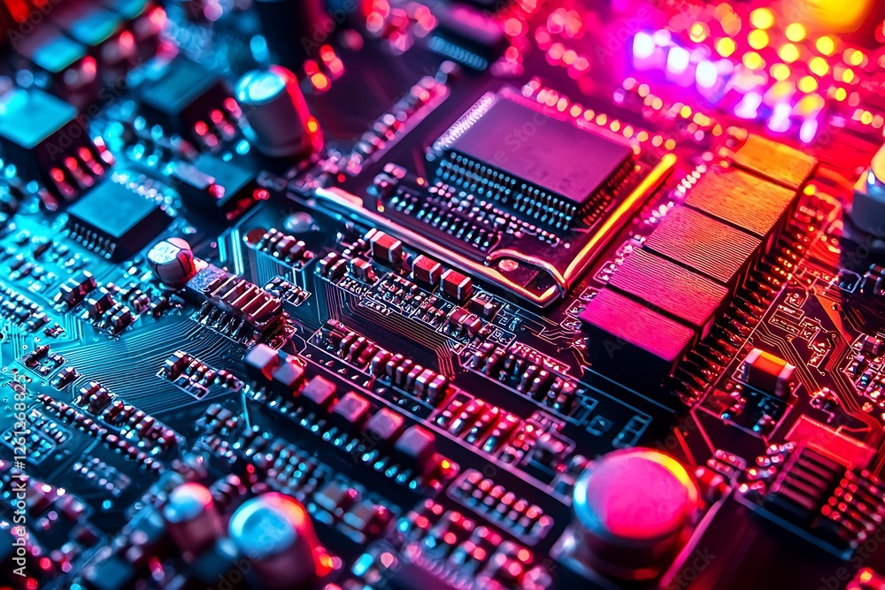 Obraz premium Circuit board rendering with vibrant colors and futuristic server visuals