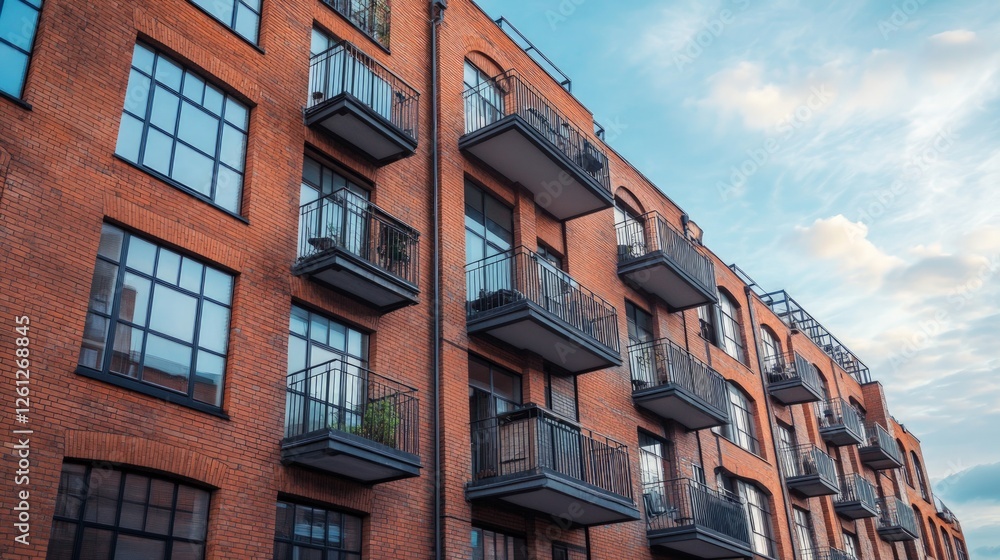 Fototapeta premium Modern Brick Apartment Building with Balconies Against Blue Sky
