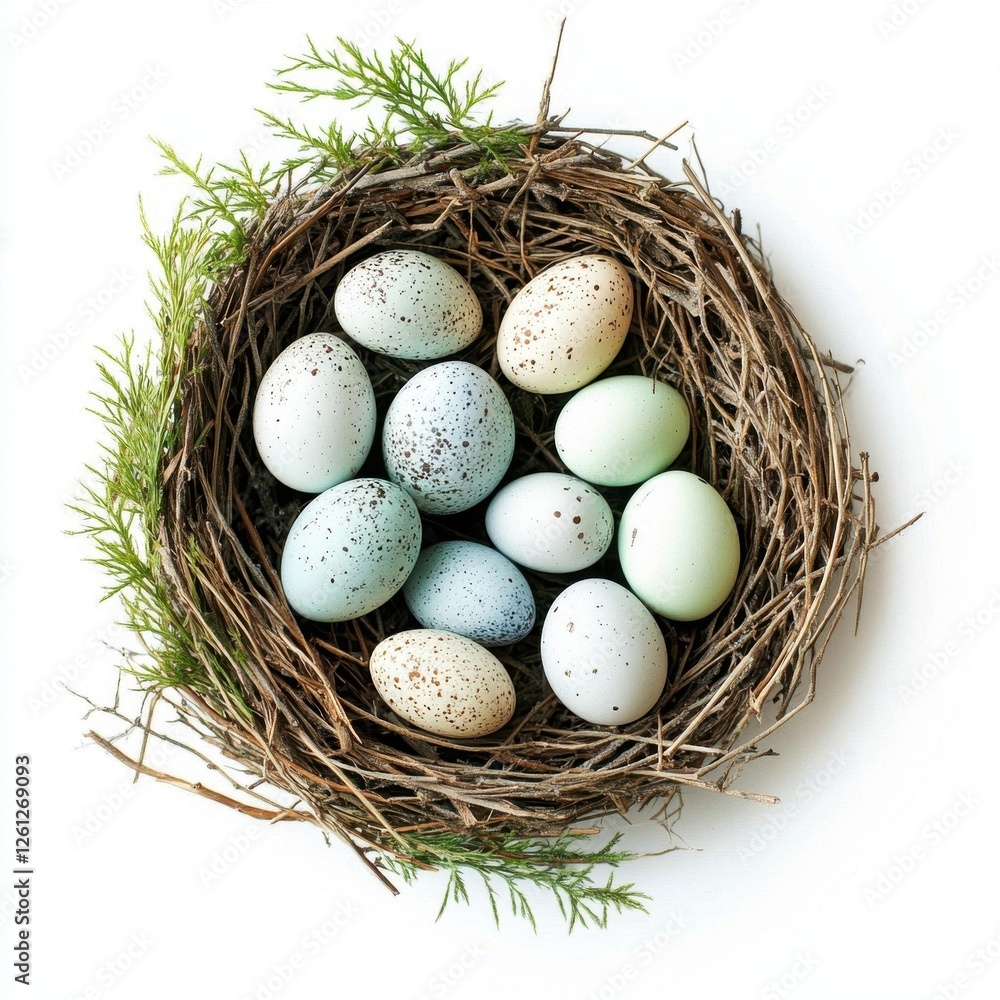 Pastel speckled eggs in a birds nest with greenery Pastel speckled eggs in a birds nest with greenery