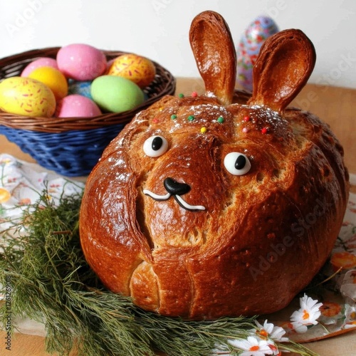 Festive BunnyShaped Bread with Colorful Eggs photo