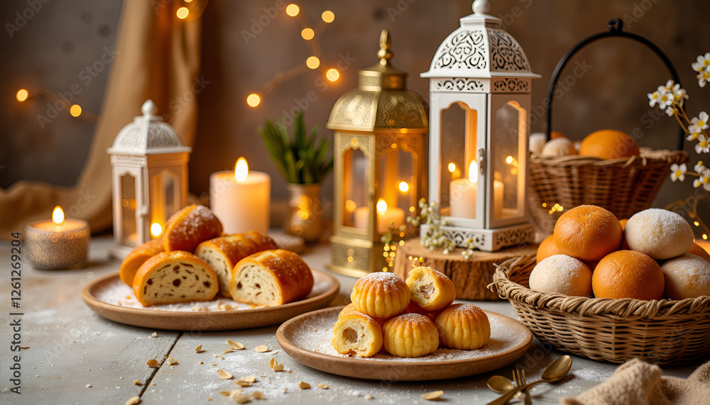 Festive baked goods arrangement with lanterns and warm lights, Eid Sweets and Desserts, Eid al-Adha Festive baked goods arrangement with lanterns and warm lights, Eid Sweets and Desserts, Eid al-Adha