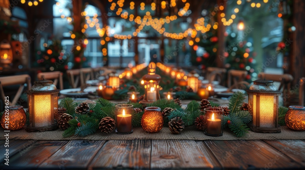 Long rustic wooden table decorated for a festive dinner with candles, pine cones, and evergreen branches. Long rustic wooden table decorated for a festive dinner with candles, pine cones, and evergreen branches.