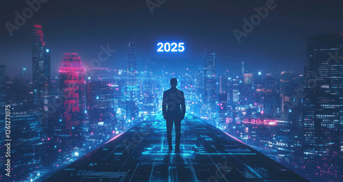 Man standing futuristic city 2025, night, planning future