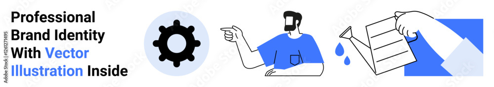 Gear icon, man pointing, and a hand holding a paper document with drops. Ideal for branding, identity, teamwork, strategy, creativity, innovation marketing flat landing page banner Gear icon, man pointing, and a hand holding a paper document with drops. Ideal for branding, identity, teamwork, strategy, creativity, innovation marketing flat landing page banner