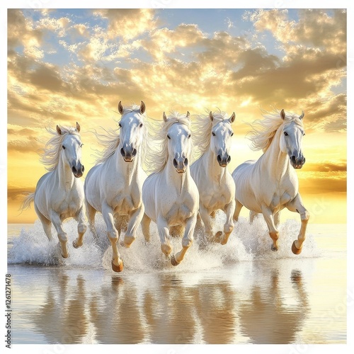 White horses galloping in the water on a background of beautiful sunset