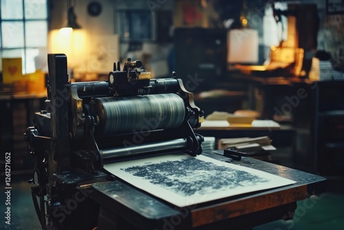 Vintage Printing Press in a Workshop photo