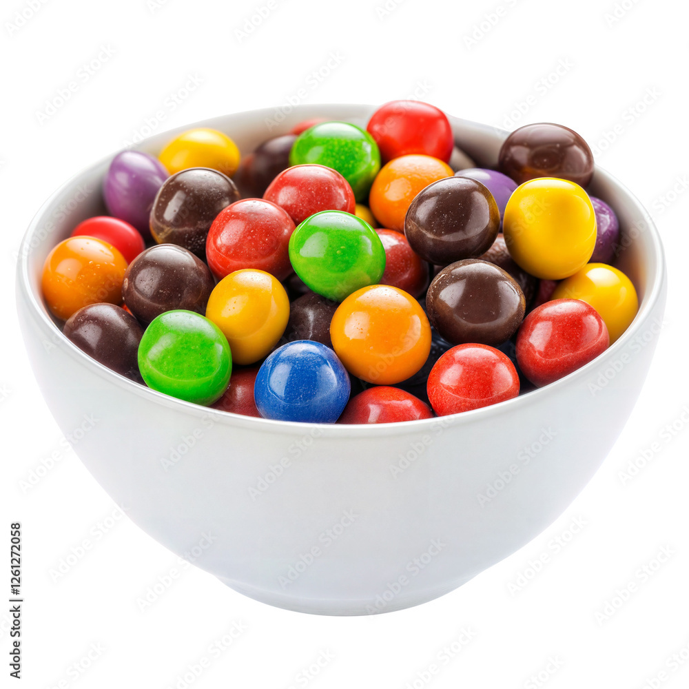 A white bowl with colorful candy coated chocolates, isolated over transparent background, PNG cut-out A white bowl with colorful candy coated chocolates, isolated over transparent background, PNG cut-out