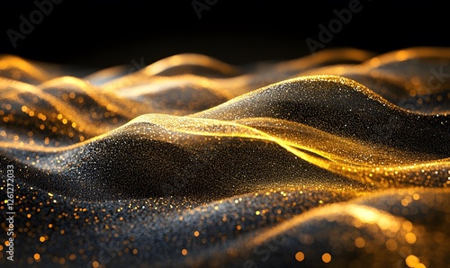 Abstract golden waves with sparkling particles on a dark background creating a dreamy effect