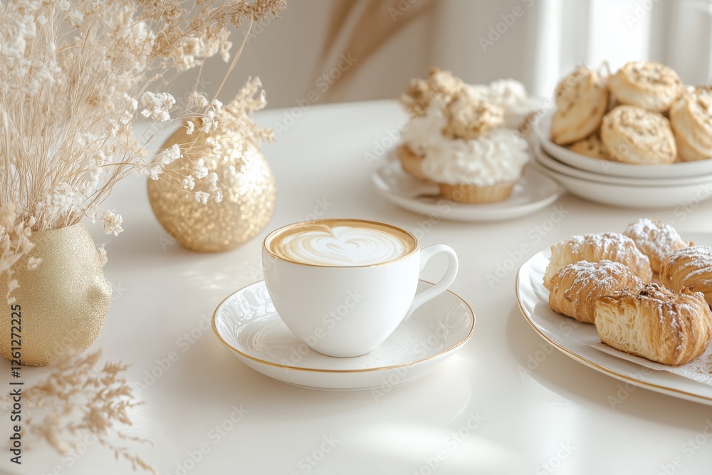 Xícara de café elegante com detalhes dourados, acompanhada de doces e decorações festivas em fundo branco, criada com IA generativa para um visual sofisticado e convidativo