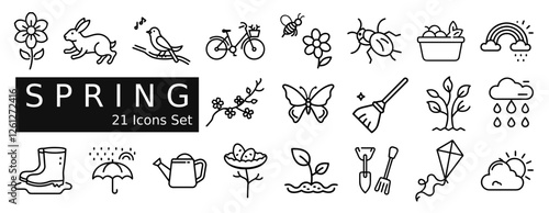 A set of 21 minimalist line art icons representing spring themes, including flowers, animals, weather elements, gardening tools, and other seasonal symbols. Perfect for website design, print materials