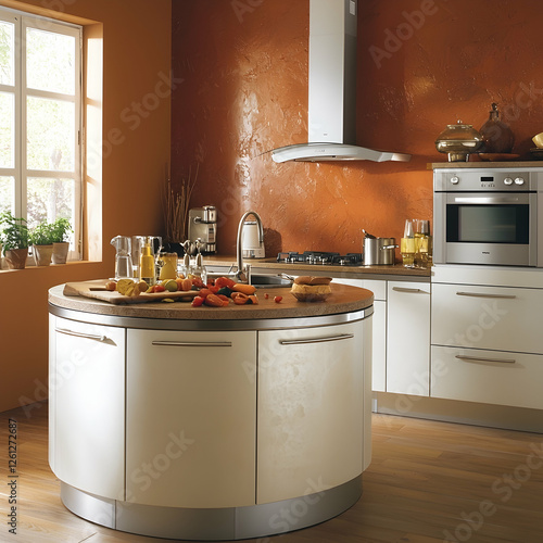 Modern kitchen island design, wood countertop,  orange wall, sunny window, cooking prep. Ideal for home d?cor websites photo