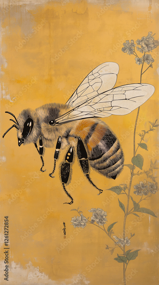 Bumblebee on a vintage yellow background with text space