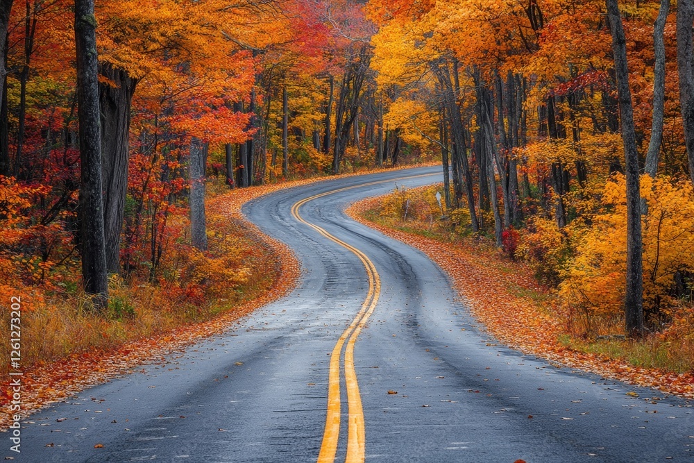 Fototapeta premium Winding autumn road through vibrant forest (2)