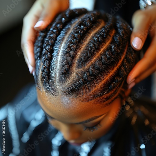Close-up of a woman getting her hair braided in intricate cornrows